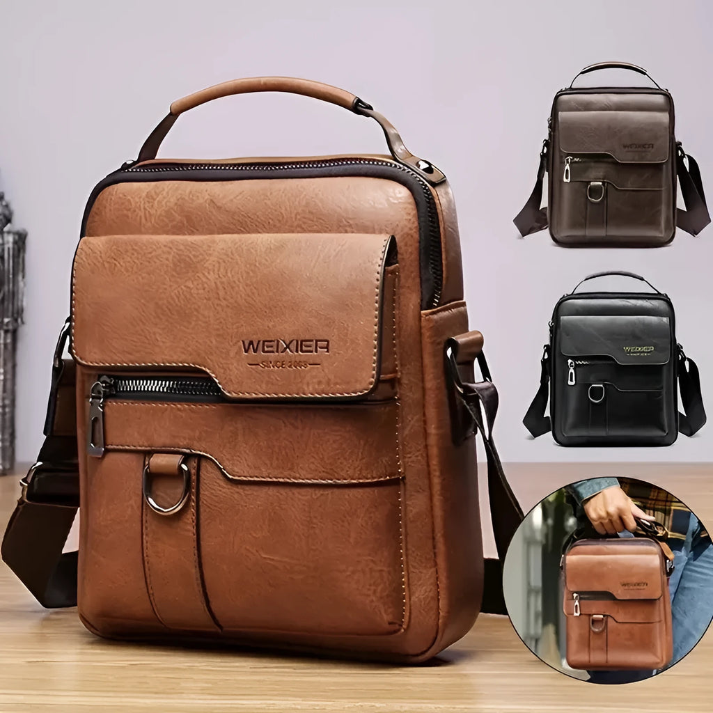 Men's retro messenger bag in black PU leather with flap closure and one-shoulder strap, displayed on a solid background