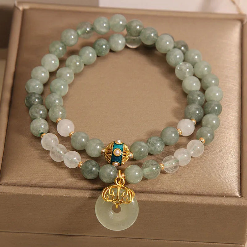 Women's double-layer aventurine jade bracelet with crystal accents and peace buckle safety clasp