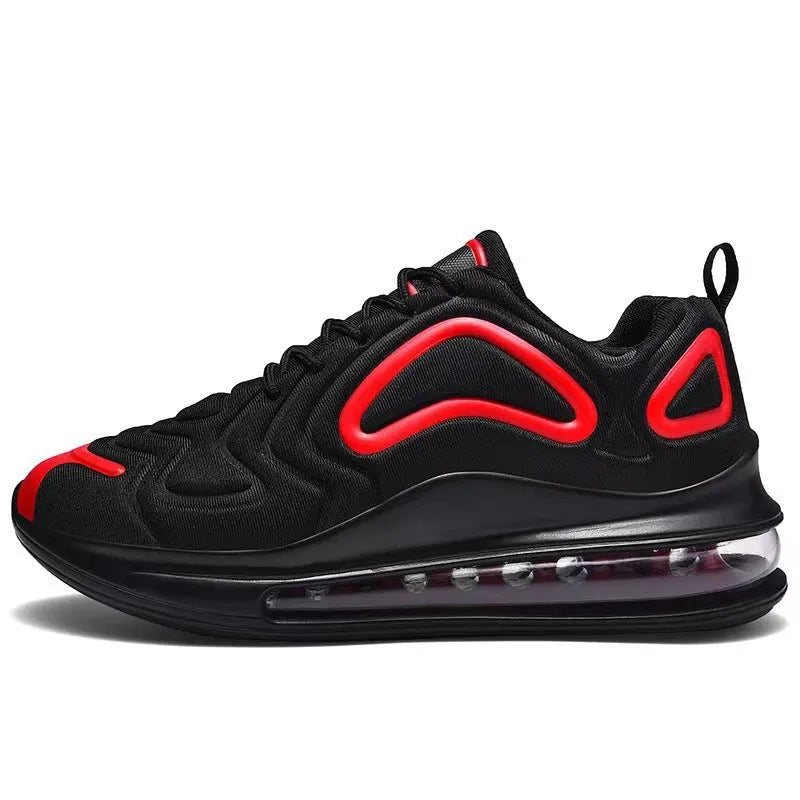 Men's black air cushion running sneakers with white accents and a thick sole on a white background.