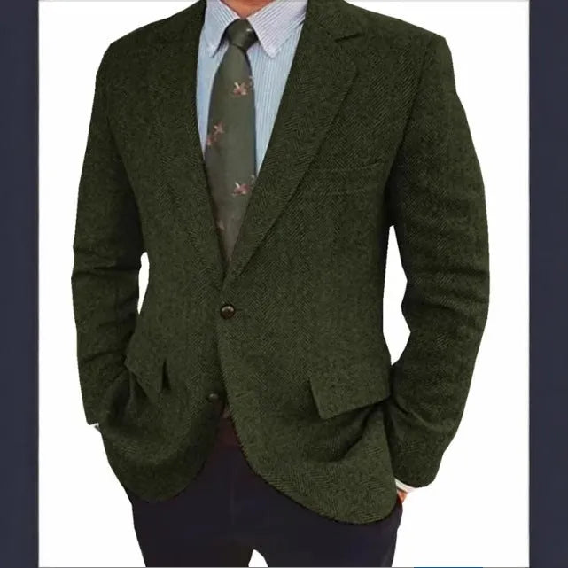 Men's brown herringbone pattern business casual jacket with flax lining and long sleeves