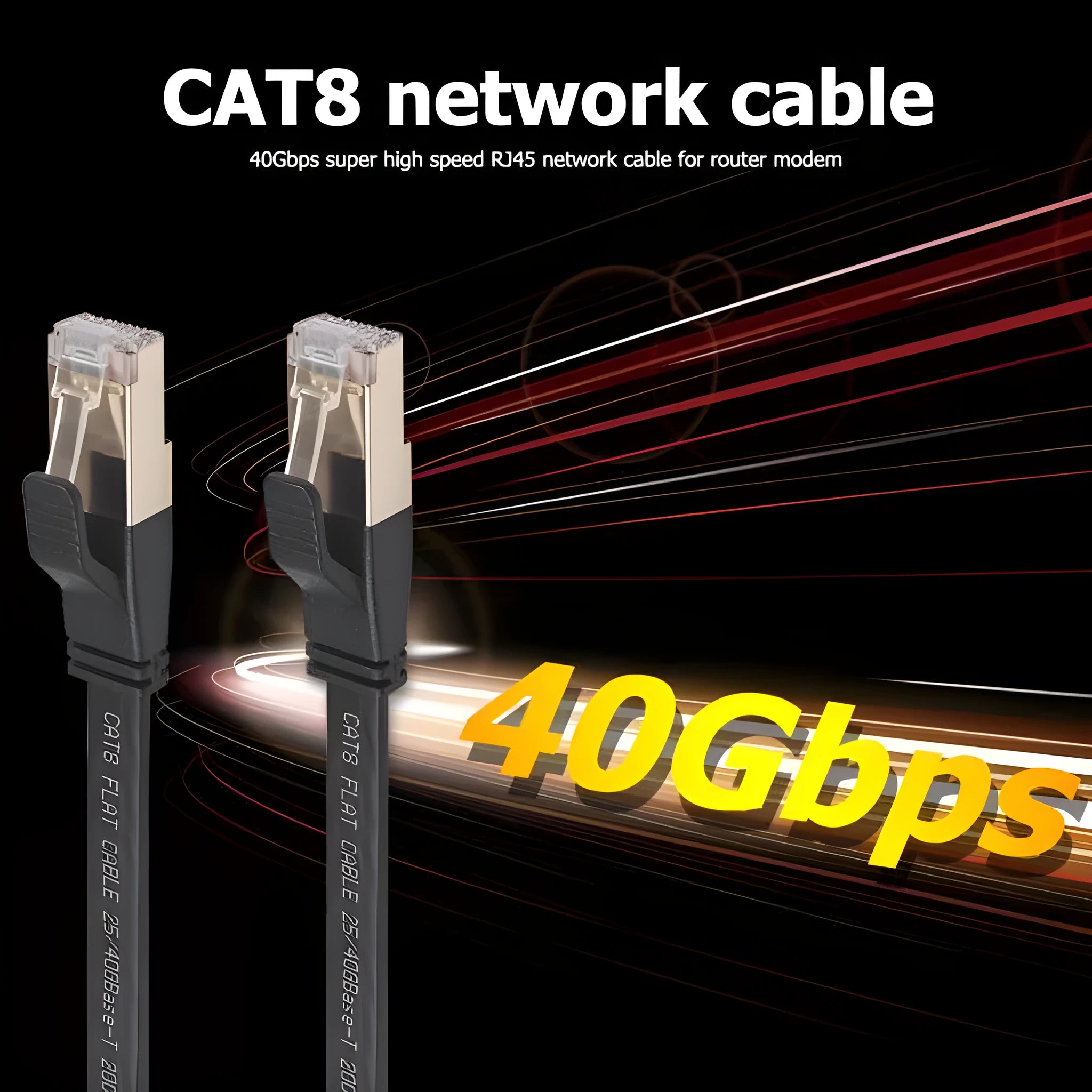 Cat8 SFTP Ethernet cable with gold-plated RJ45 connectors in black