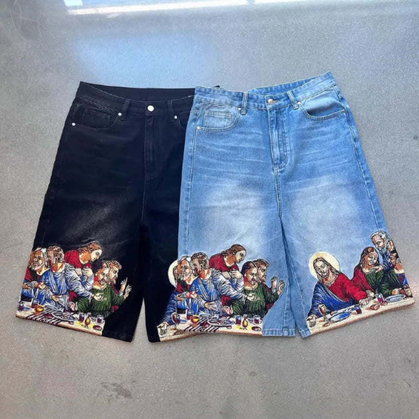 Blue men's tapered cotton shorts with a Jesus design printed on the back pocket.
