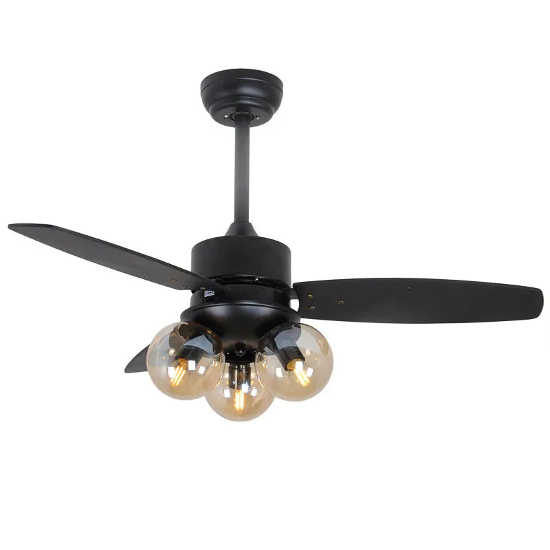Ceiling fan light with wood blades and glass shade, 42 inch, available in black finish for living room use