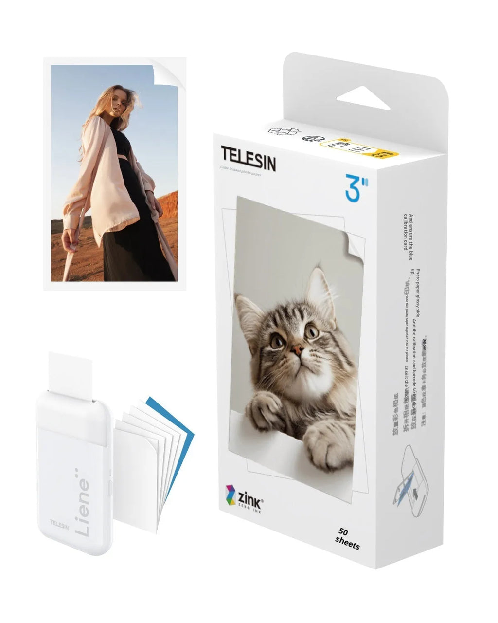 Pocket photo printer in plastic casing with carry-on bag and photo paper on table