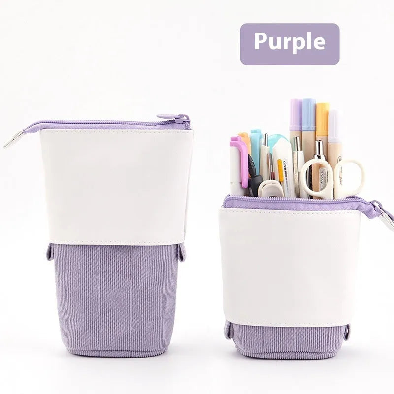 Korean style telescopic drop-down stationery case in purple PU corduroy.
