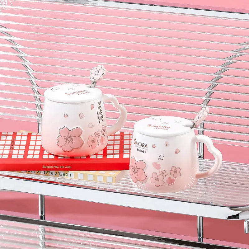 Japanese cherry blossom ceramic cup 400ml white porcelain cylindrical pink floral with lid and spoon