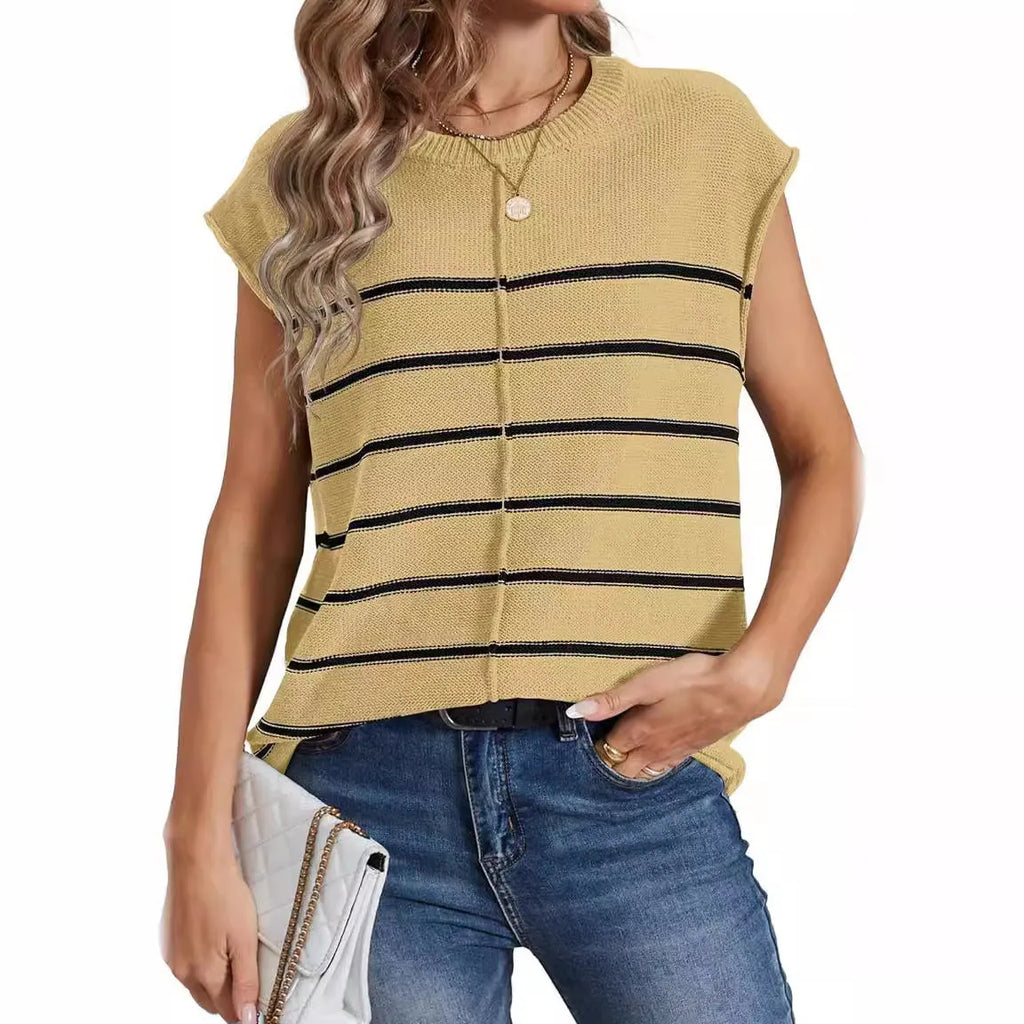 Women's striped sleeveless pullover vest top in acrylic fabric on a hanger.
