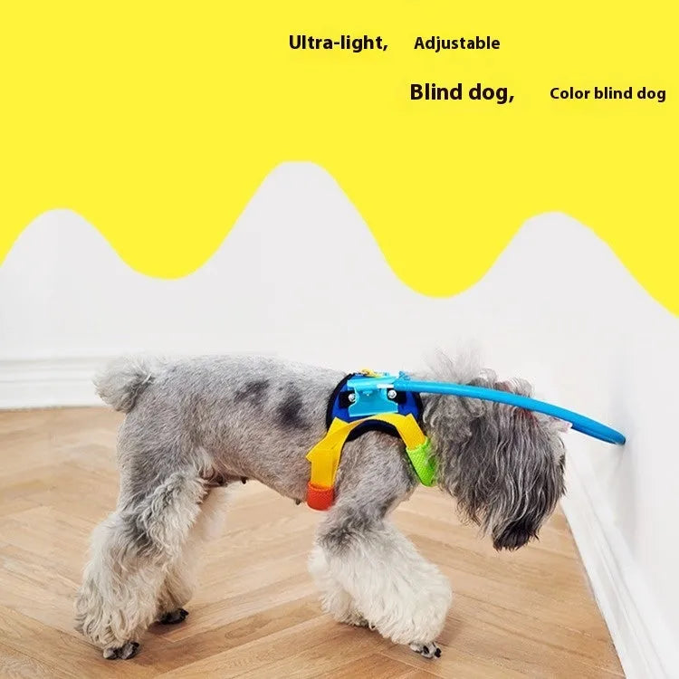 Blue adjustable anti-collision ring for visually impaired dogs, shown in various sizes