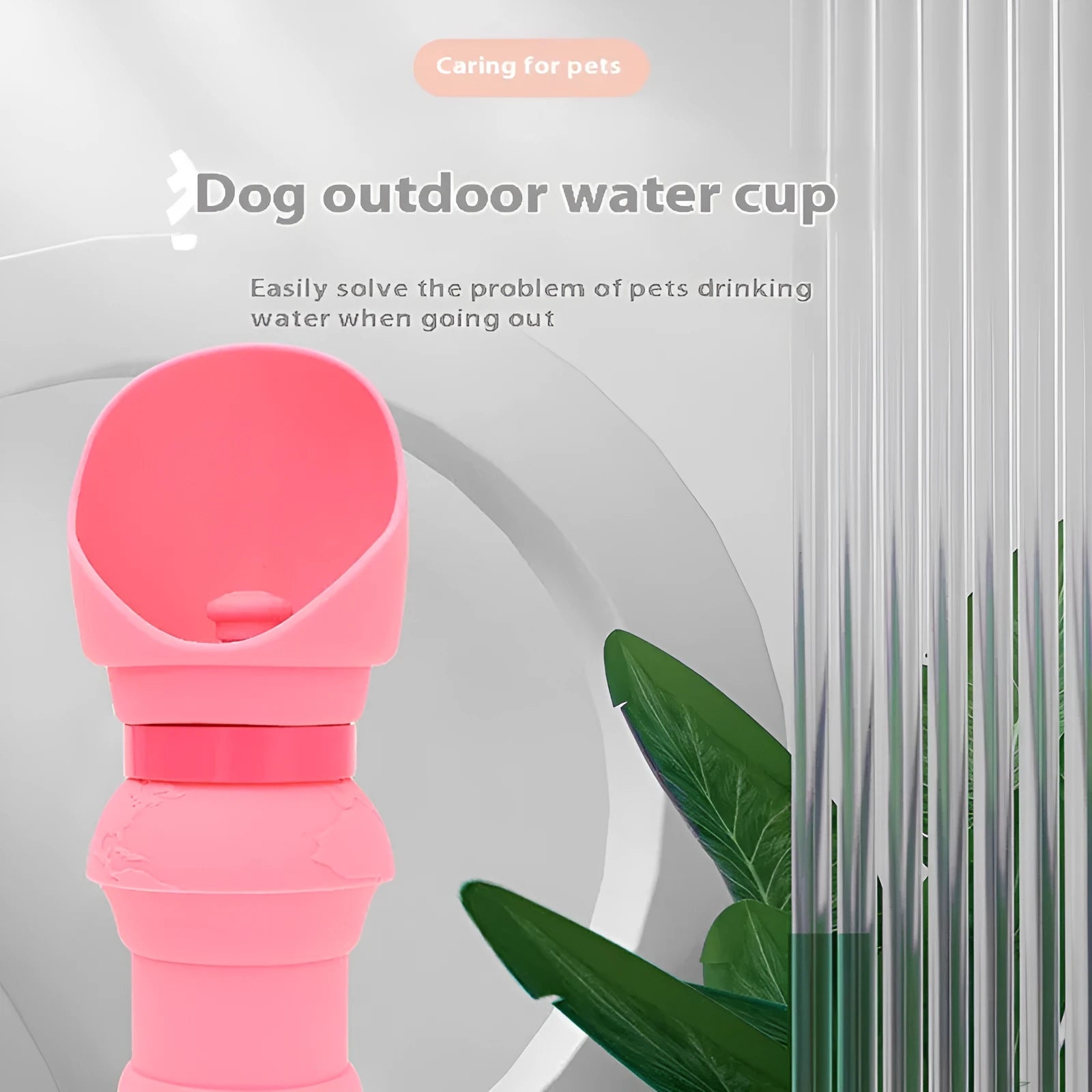 A folded flat and an unfolded silicone pet water cup in various colours including pink, black, and pineapple designs.