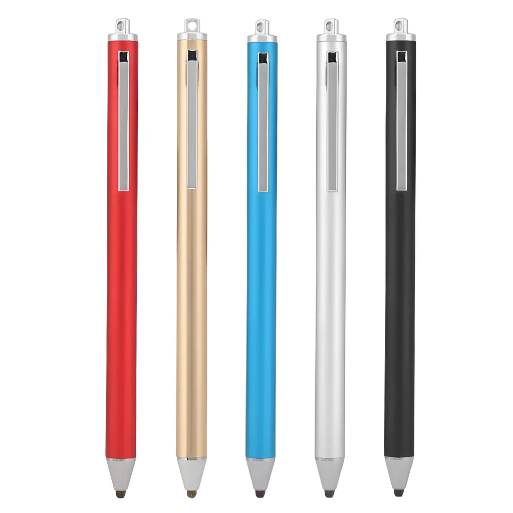Black passive capacitive stylus with a fine 1.5mm metal tip on a tablet screen
