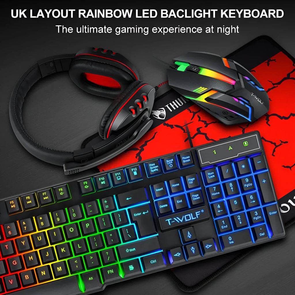 Thunder Wolf T800 wired gaming bundle showing keyboard, mouse, headset, and mouse mat with RGB lighting