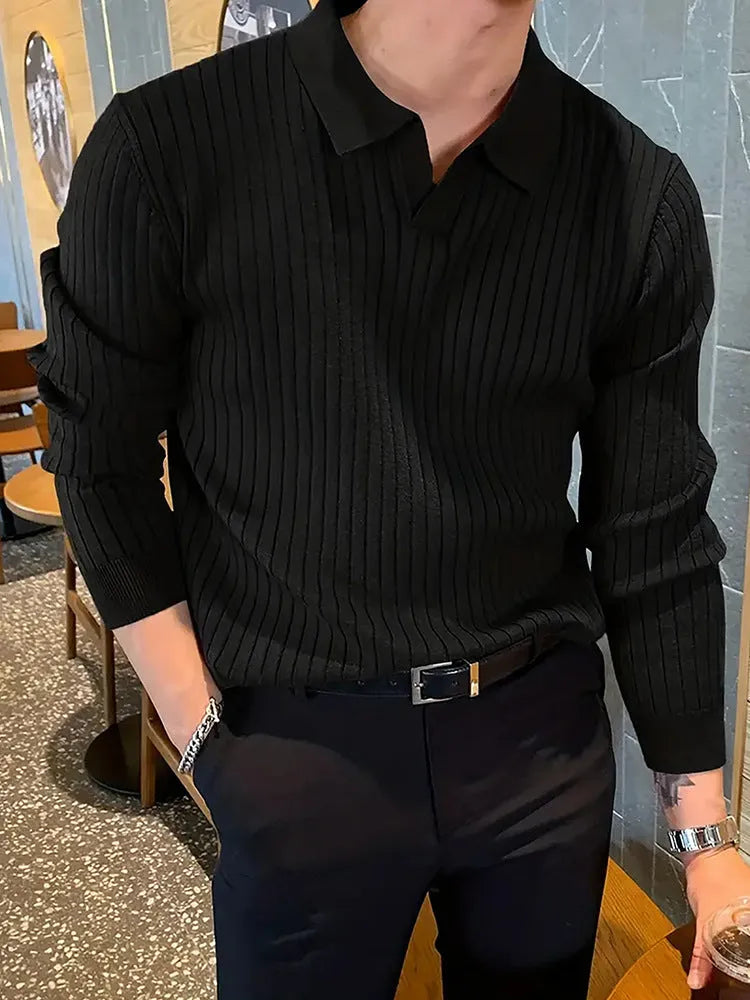 Men's slim fit waffle texture long sleeve knit polo shirt in dark green, front view