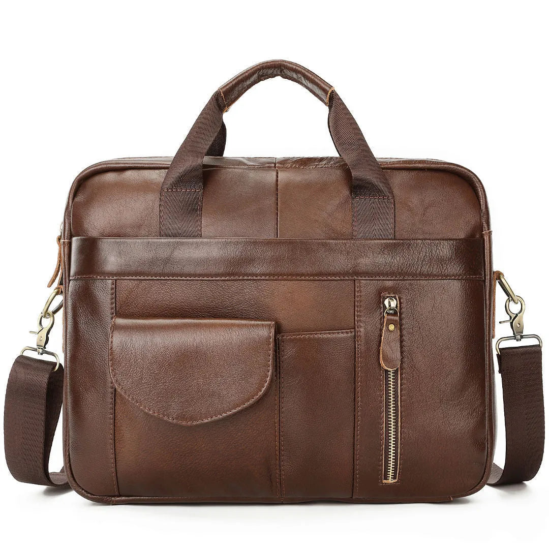Men's leather cross-body briefcase, 10 inch vertical square first layer cowhide bag with zip, black and brown