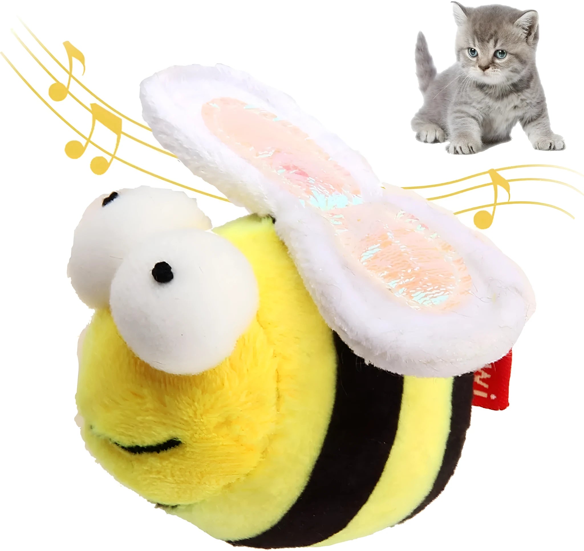 Yellow bee-shaped flannelette cat toy that chirps when touched, for indoor play.