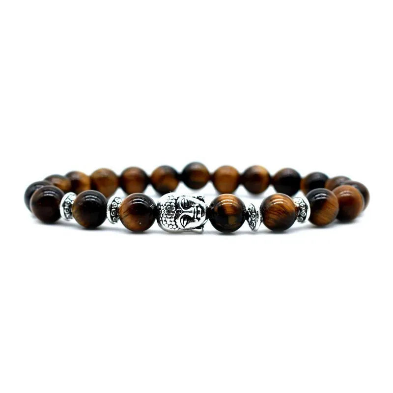 Handmade tiger eye Buddha head bracelet for men and women, 19mm diameter with detailed bead carving.