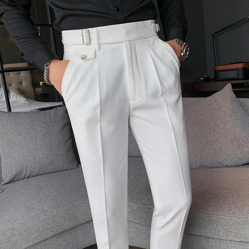 Men's straight-leg casual trousers in a solid colour, laid flat to show the fit and detailing.