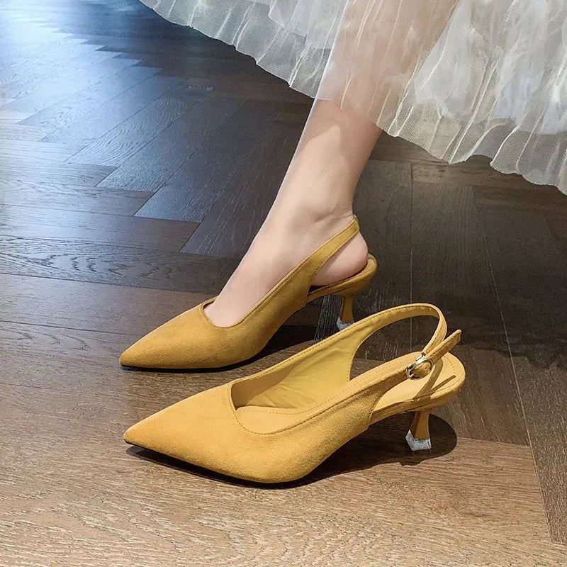 Women's suede pointed-toe stiletto high heels in apricot, pink, sky blue, and yellow colours on a rubber sole.