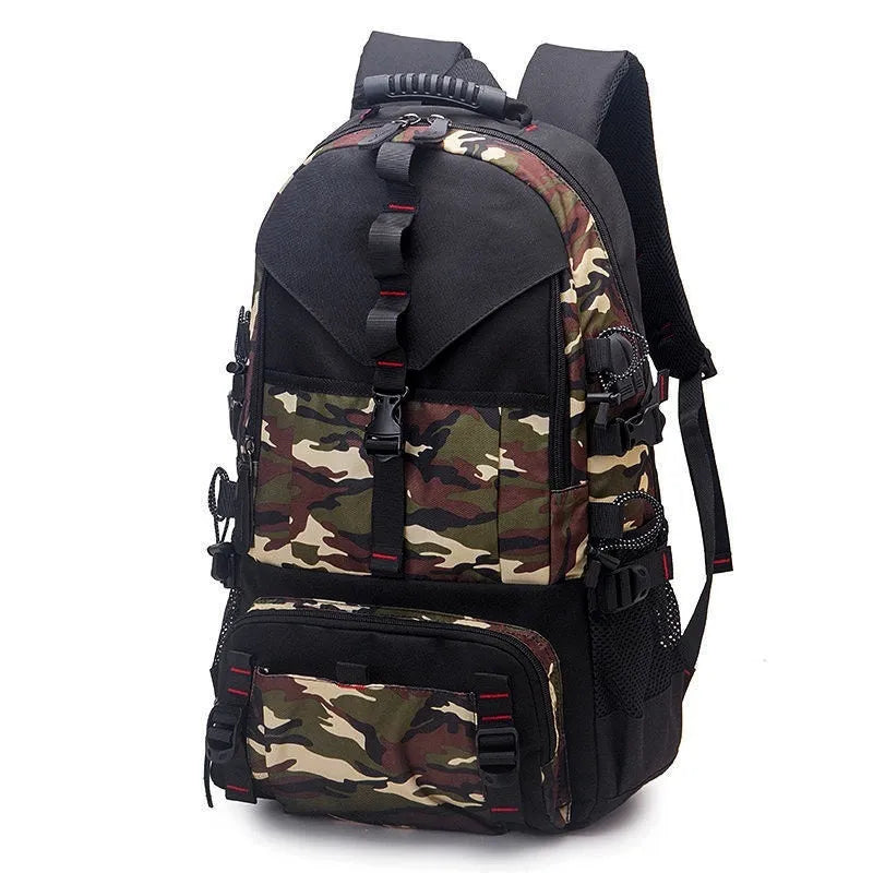 Men's waterproof Oxford cloth hiking backpack showing 56-75L capacity and air pillow belt system in black colour option