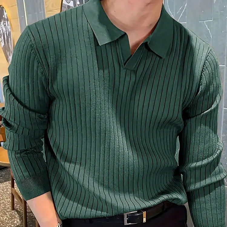 Men's slim fit waffle texture long sleeve knit polo shirt in dark green, front view