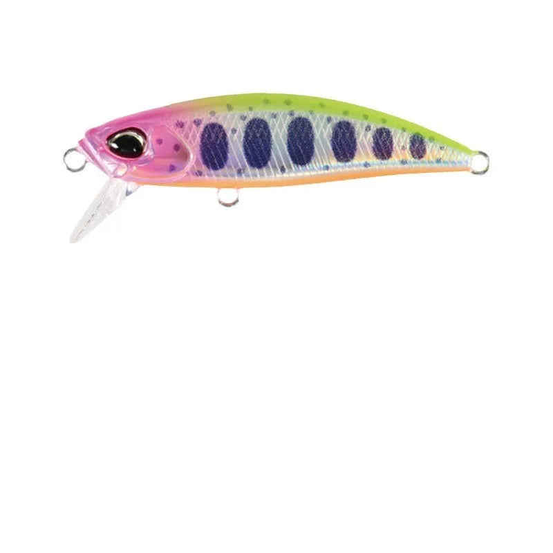 Tossing Japanese Submerged Mino fishing lure in a selection of colours, showing 48mm length and integrated hooks.