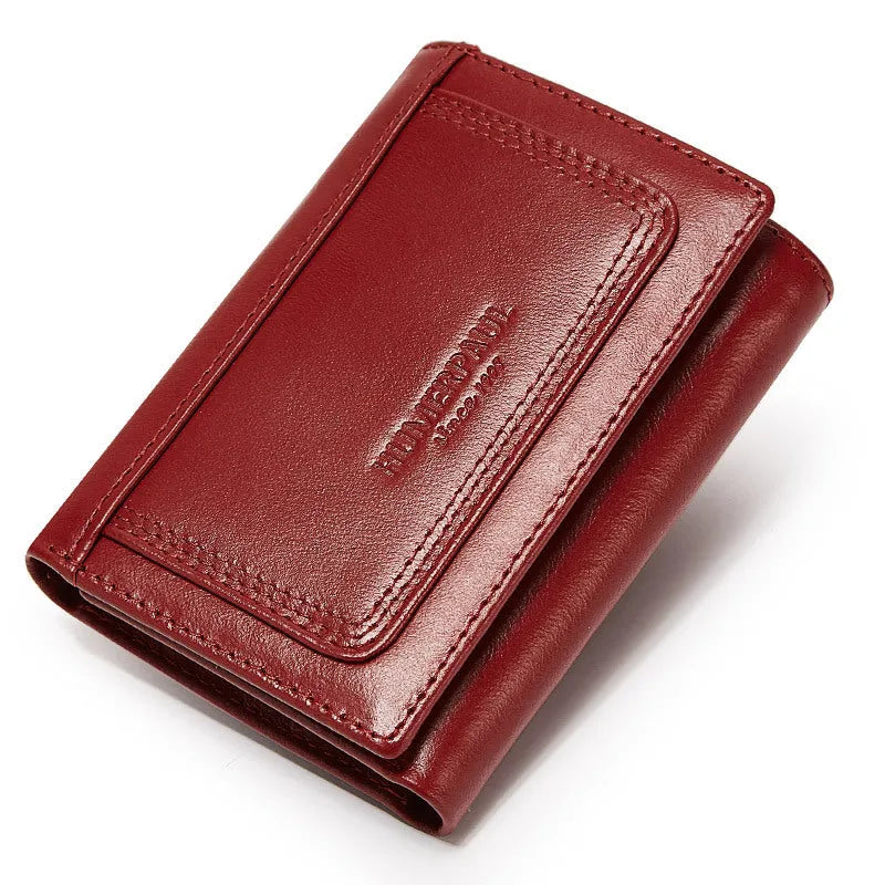 Multi-slot men's genuine leather zipper bag coin purse in brown with visible stitching and metal zipper