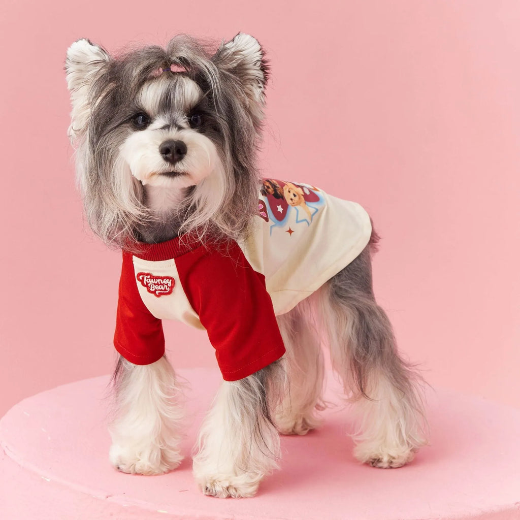 Red embroidered cotton dog clothing for summer in size medium on mannequin