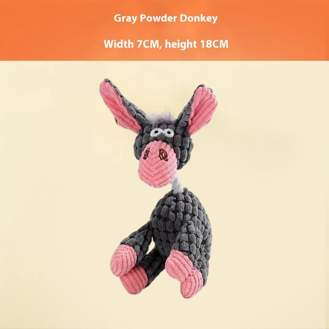 Plush puppy toy showing various animal styles including rechargeable duck, blue elephant, and donkey in multiple colours