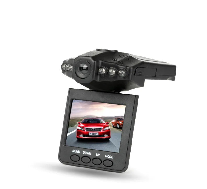 Black HD driving recorder with 120° wide-angle lens and 3MP sensor mounted on car windshield