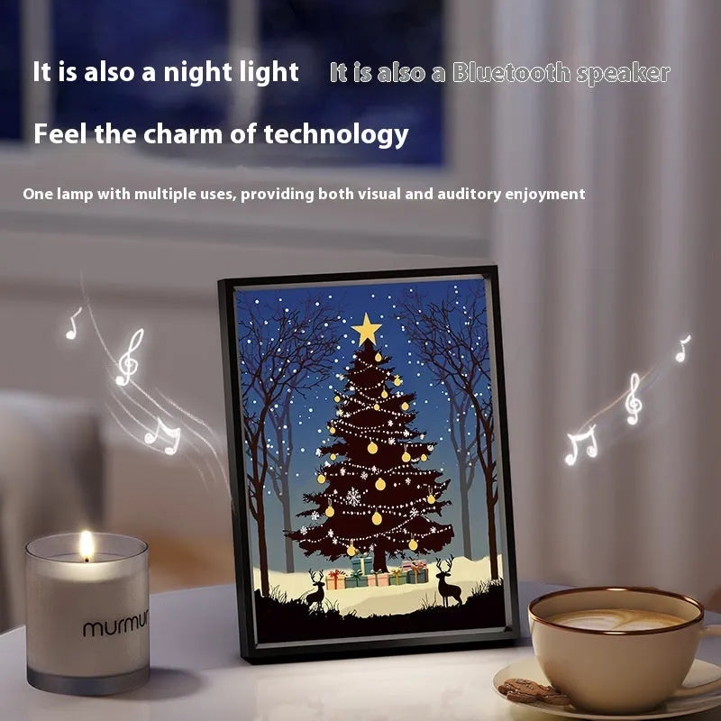 Luminous Bluetooth speaker Christmas tree painting with aluminium alloy frame, shining finish, 18x24cm USB desktop ornament