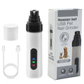 White electric dog nail trimmer with a grinding head, LED light display, and a dust collection compartment on a grey background.