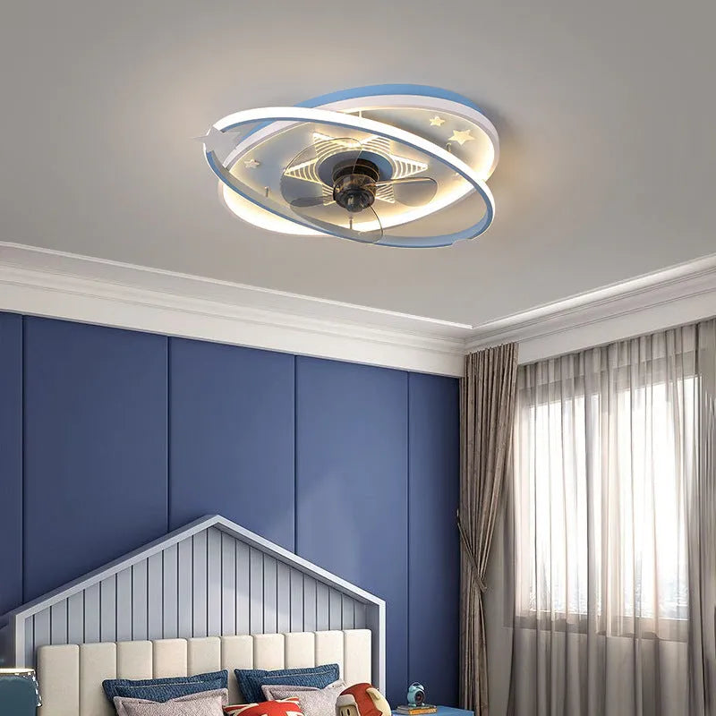 Modern iron children's bedroom chandelier with remote control and tri-colour LED lighting in blue or pink options