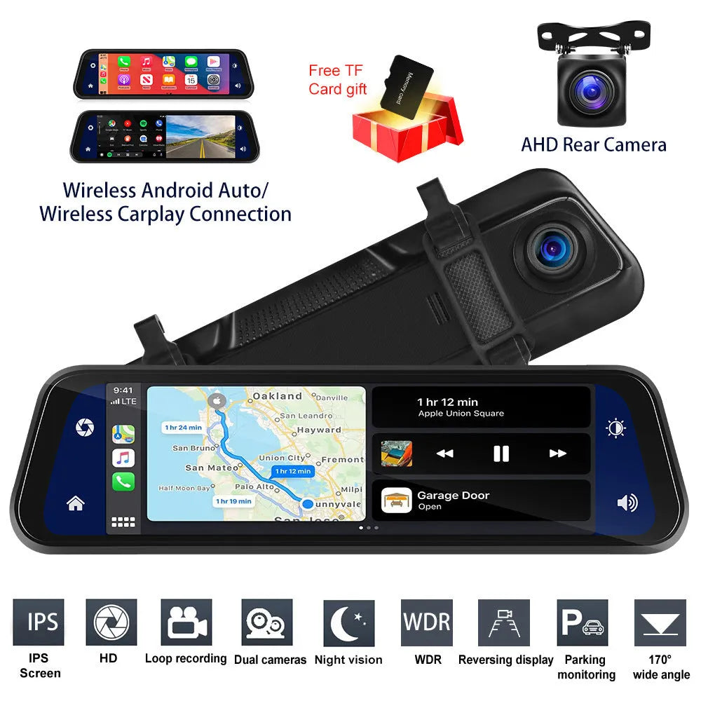 9.66-inch car dashboard camera and in-mirror video player system with wide-angle lens.