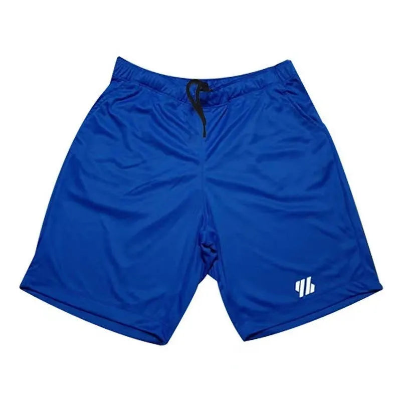 Loose-fit metal silk sports shorts in sapphire blue, shown on a model for running.