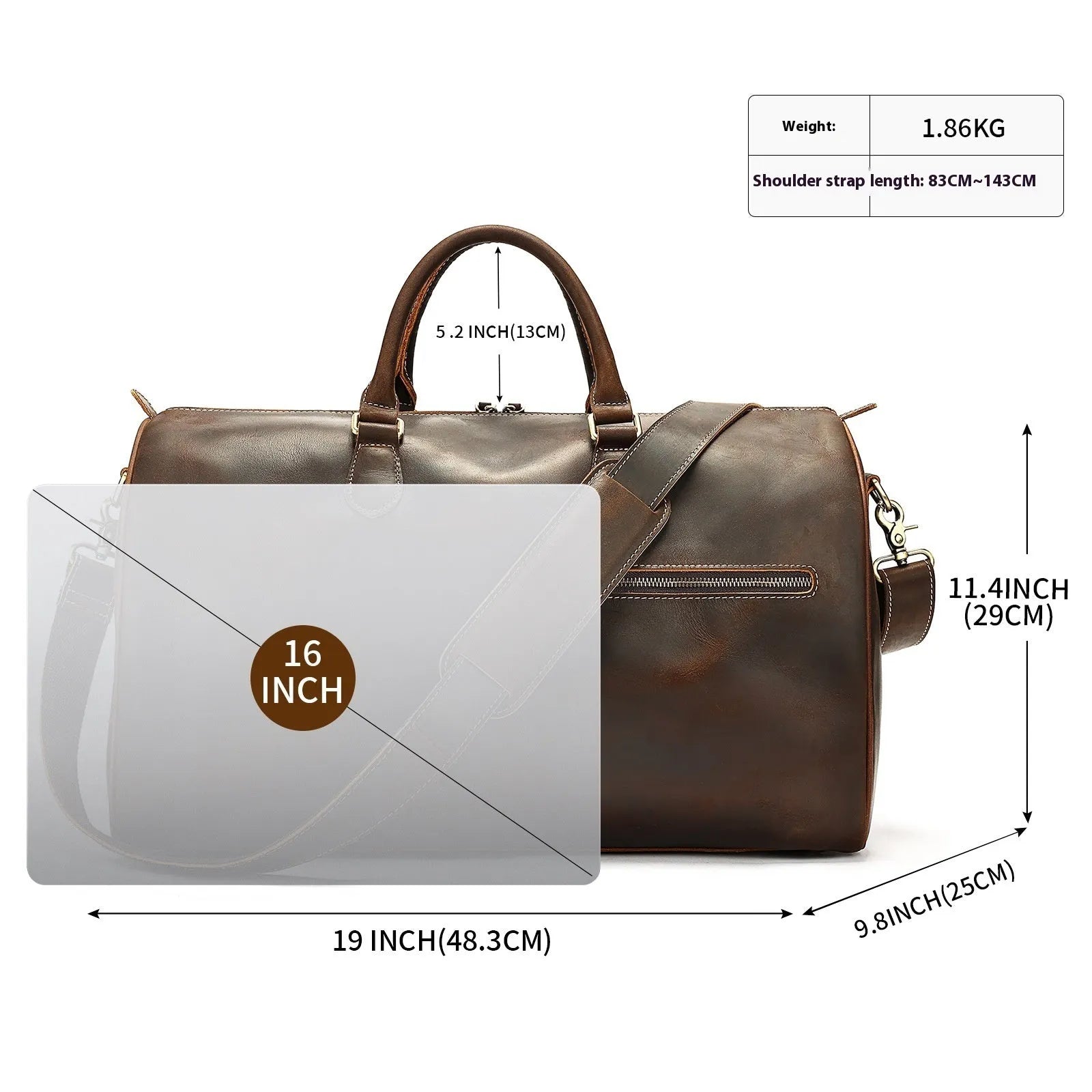 Genuine leather vintage crossbody bag showing 48.3cm width large capacity interior with polyester cotton lining