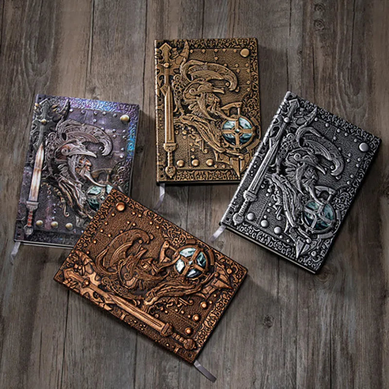 Handmade leather A5 notebook with 3D warriors relief embossing on the cover in bronze colour