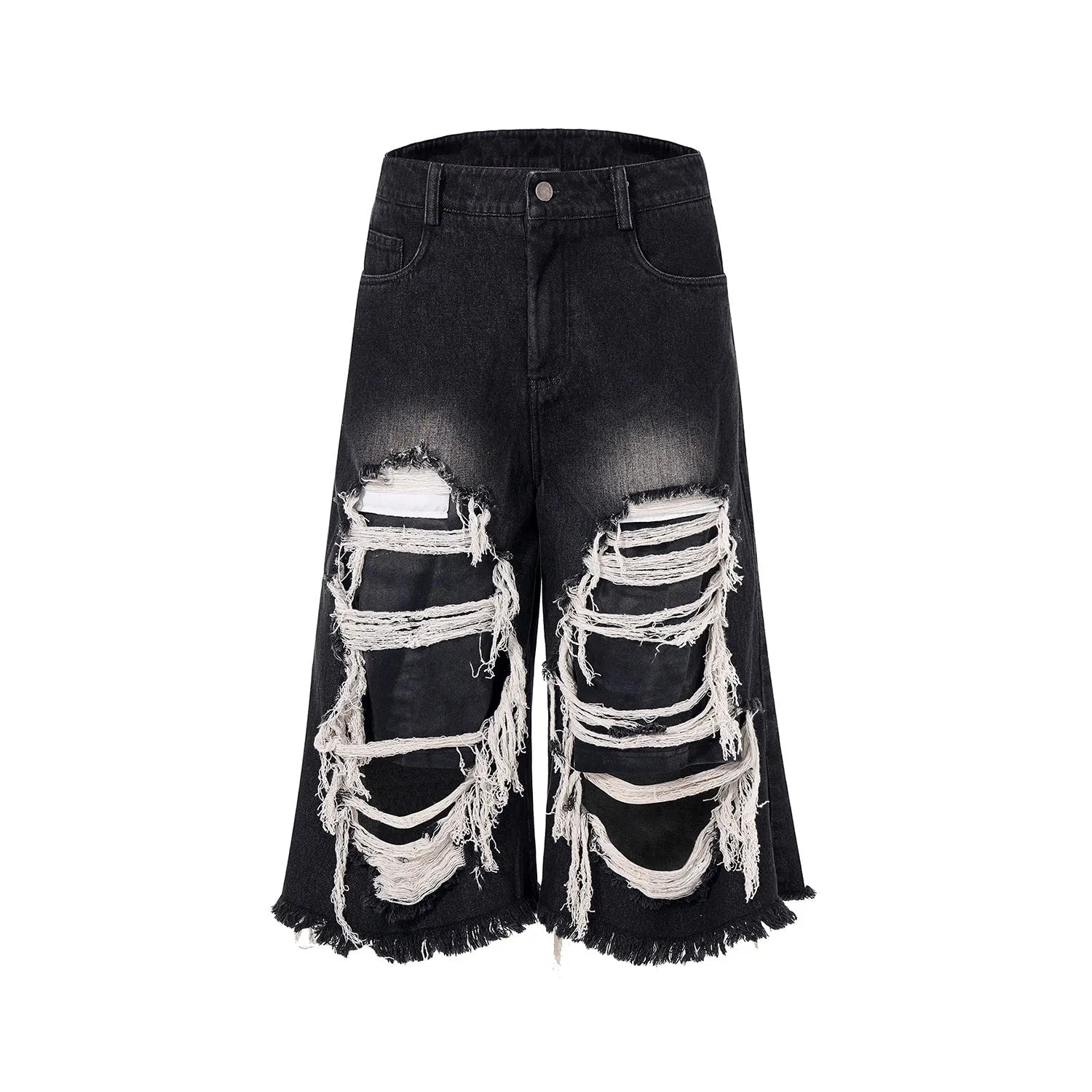 Black cropped wide-leg women's jeans with a ripped patch detail and a mid-high waist.