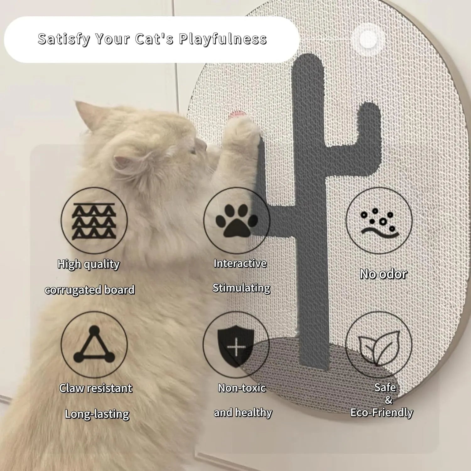 Vertical wall-mounted cat scratching pad made of corrugated cardboard on a home wall.
