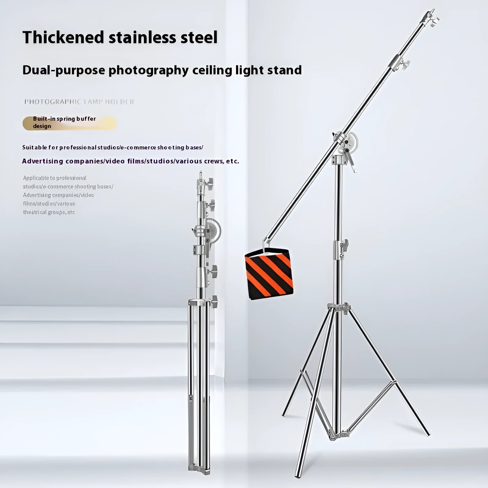 Silver stainless steel ceiling lamp rack with cross arm for mounting multiple lighting fixtures