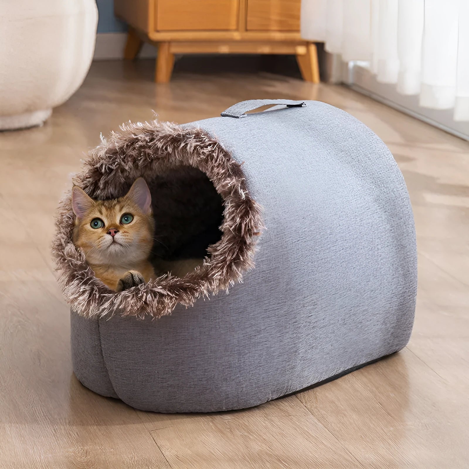 Fleece-lined cat nest closed sleeping bag for autumn and winter, portable, gray colour, size L, on floor