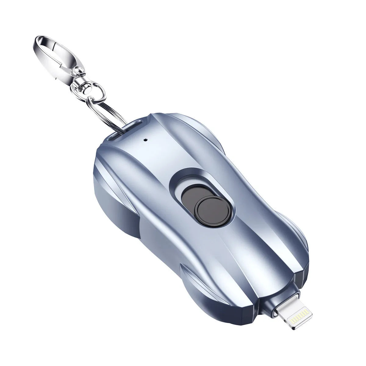 Mini keychain emergency power bank with sports car design in black and blue plastic shell