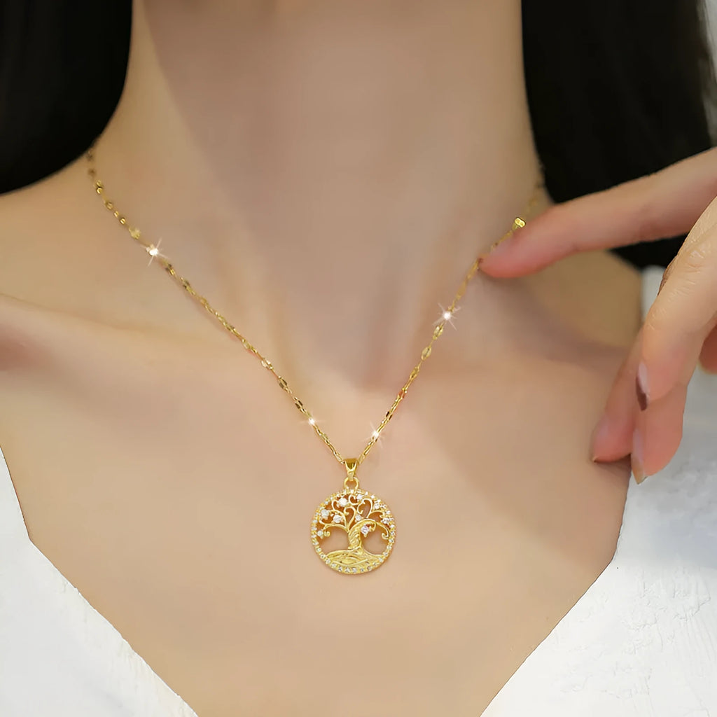Gold plated adjustable necklace with mother-of-pearl cross pendant set with sparkling zircon stones on a lip chain.