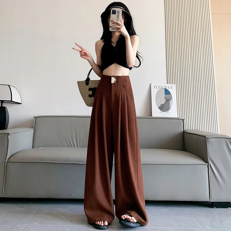 Women's high-waist wide-leg pants in slightly elastic spandex, straight loose fit, black beige burgundy brown, S to 2XL