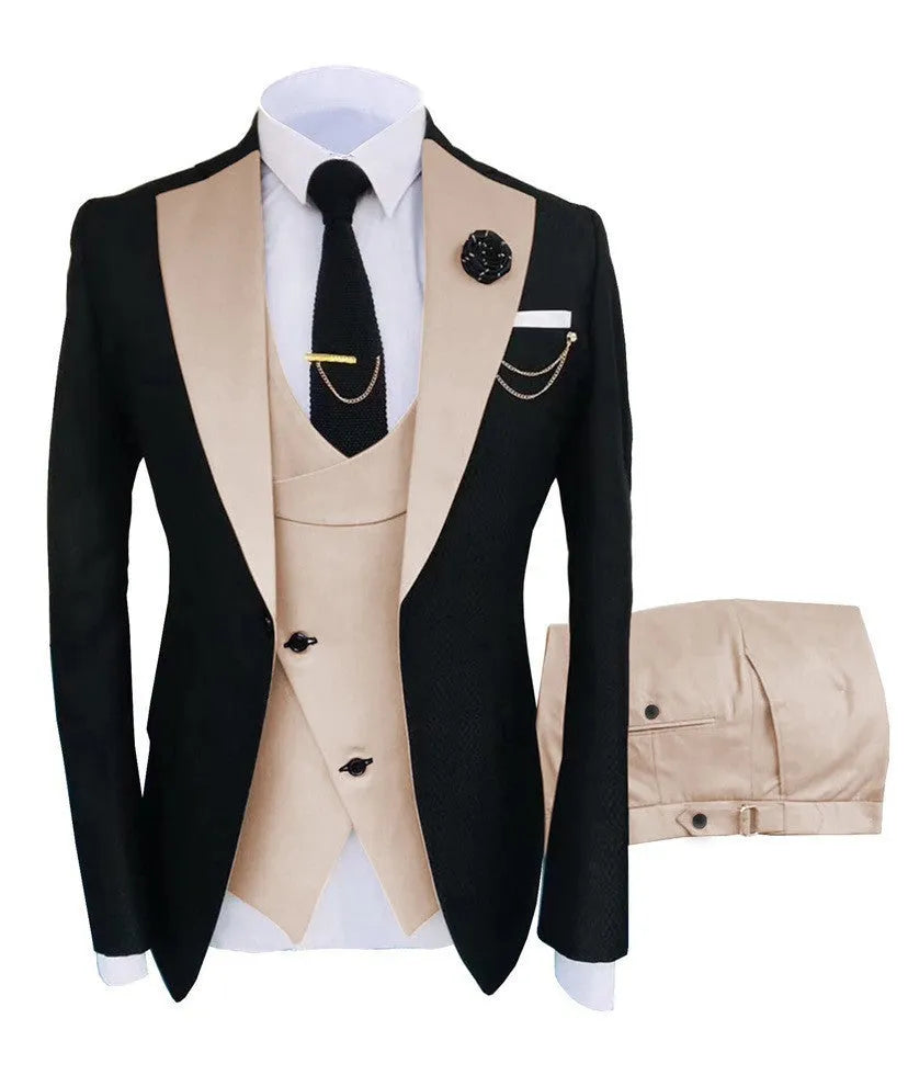Men's slim fit cotton three-piece business suit with vest for formal occasions.