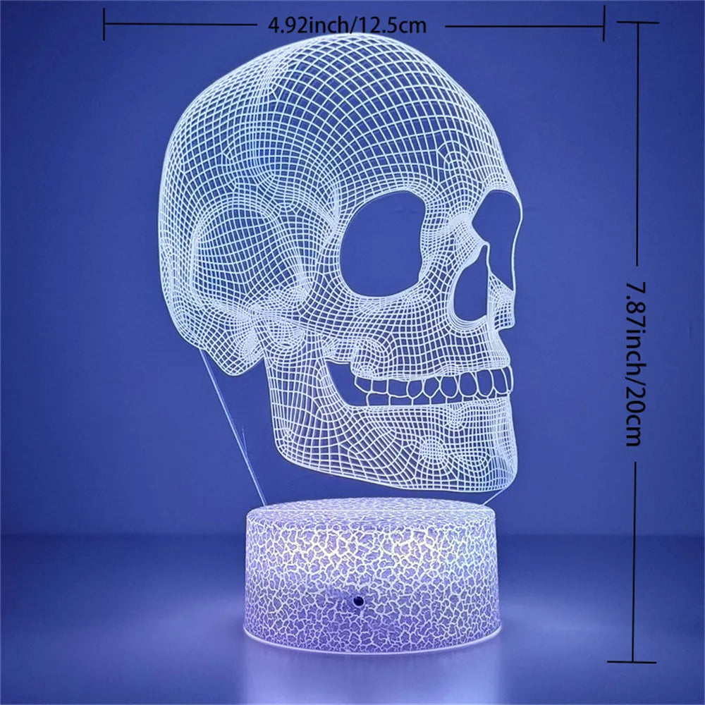 Acrylic 3D small night lamp in skull shape, geometric stereo design, with black base and USB cable