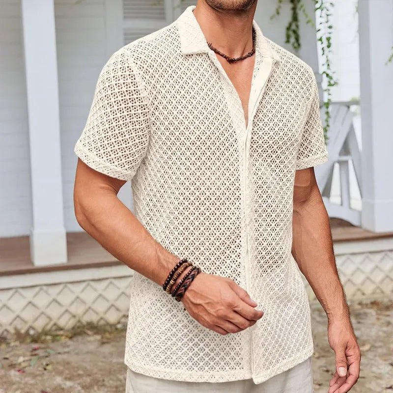 Men's mesh fabric short sleeve shirt with lapel collar in milky white colour