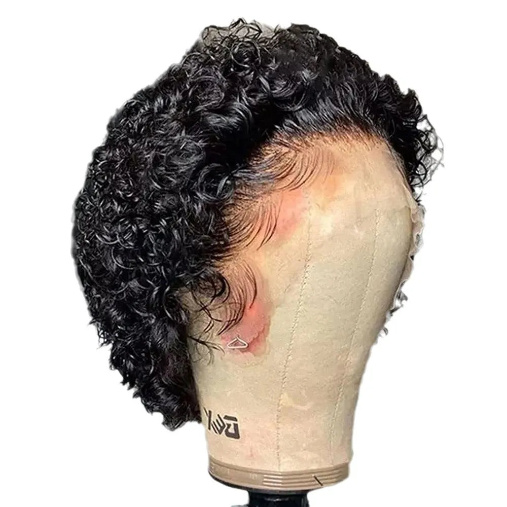 Black short pixie wig with 13x1 lace frontal and pre-plucked hairline made from human hair