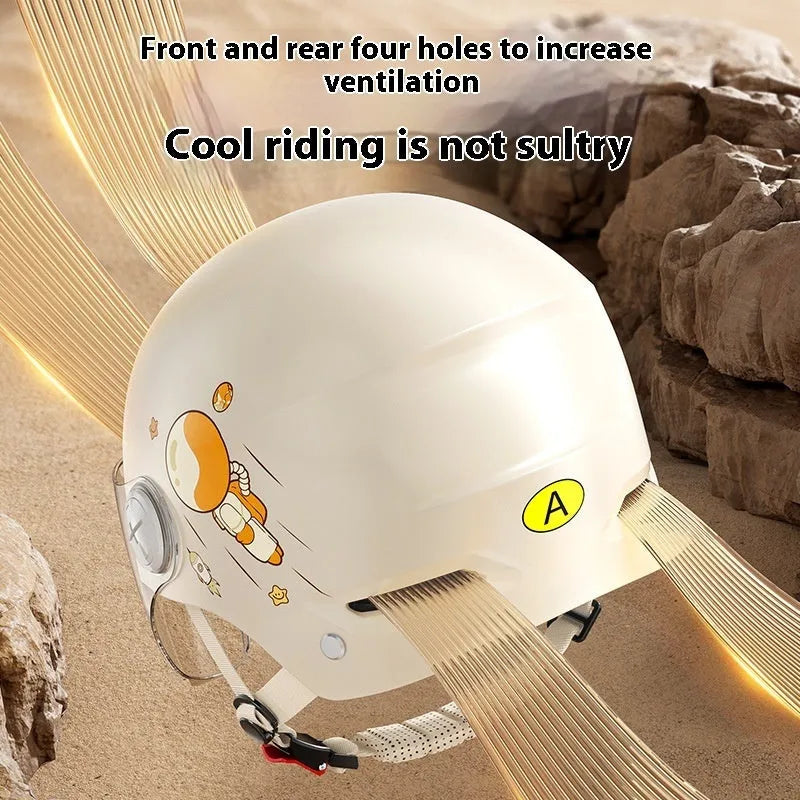 Khaki coloured motorcycle half helmet with a long mirrored visor attached on a table.