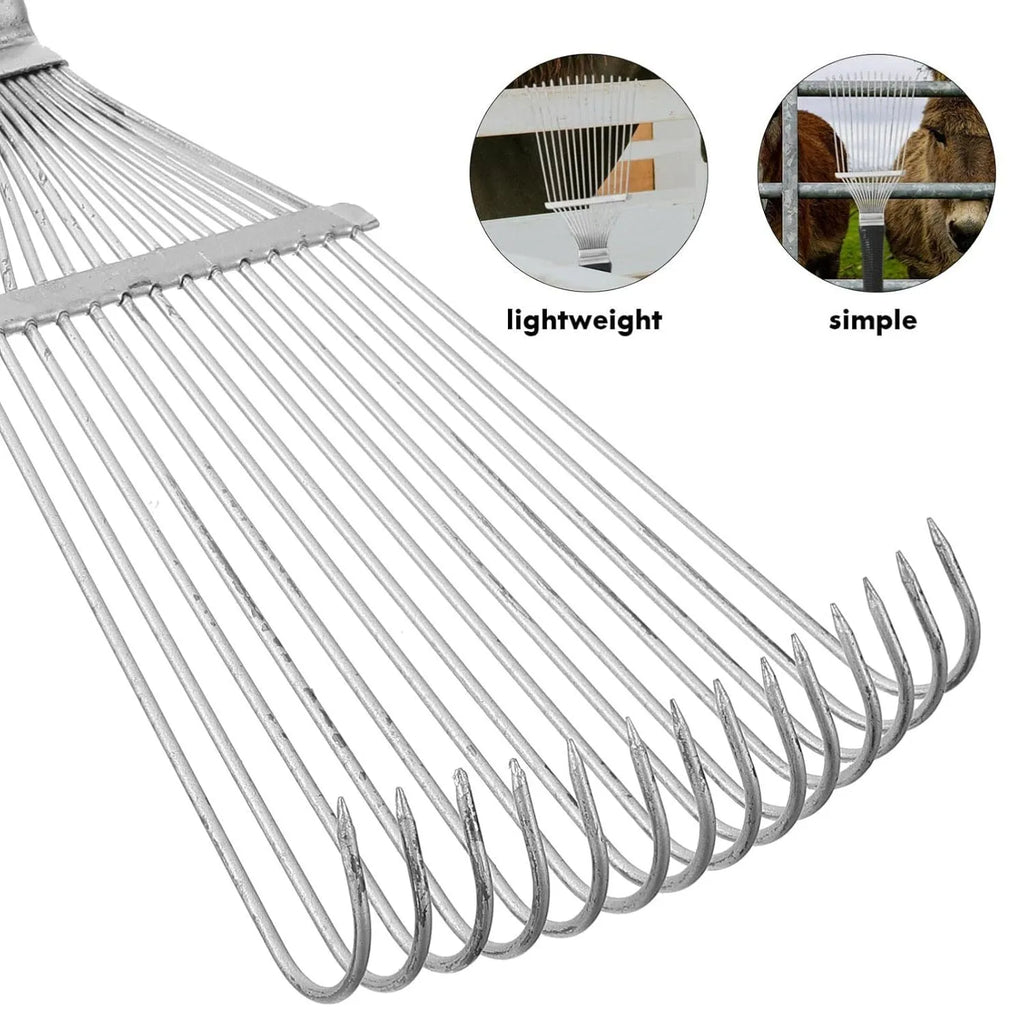 Stainless steel dematting brush and grooming rake for horses and pets on a wooden surface.