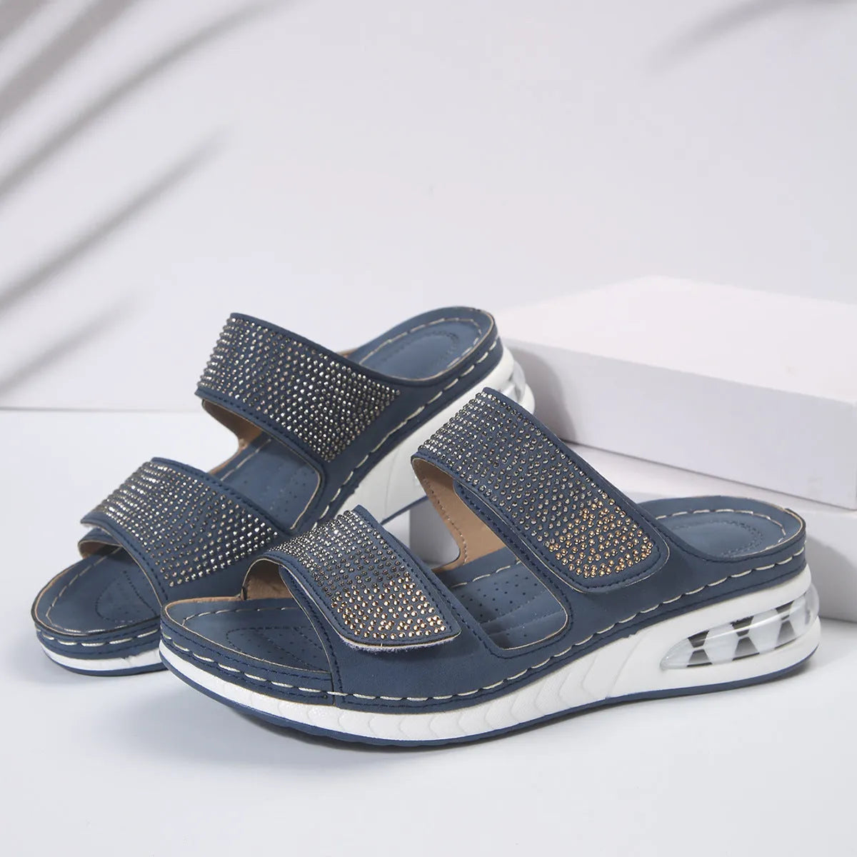 Women's air cushion wedge rhinestone slides sandals in beige, non-slip polyurethane sole, fish mouth toe, PU upper