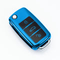 VW Model A folding car key inside a TPU protective case in blue, showing buckle set closure.